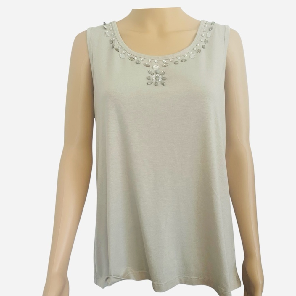 Valerie Stevens taupe casual/semi casual embellished sleeveless top L crystals